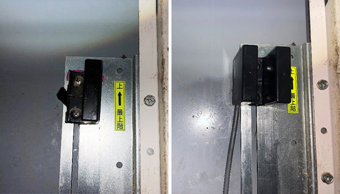 ダムウェーターのかご荷挟みを解消。破損した近接センサーを交換しました